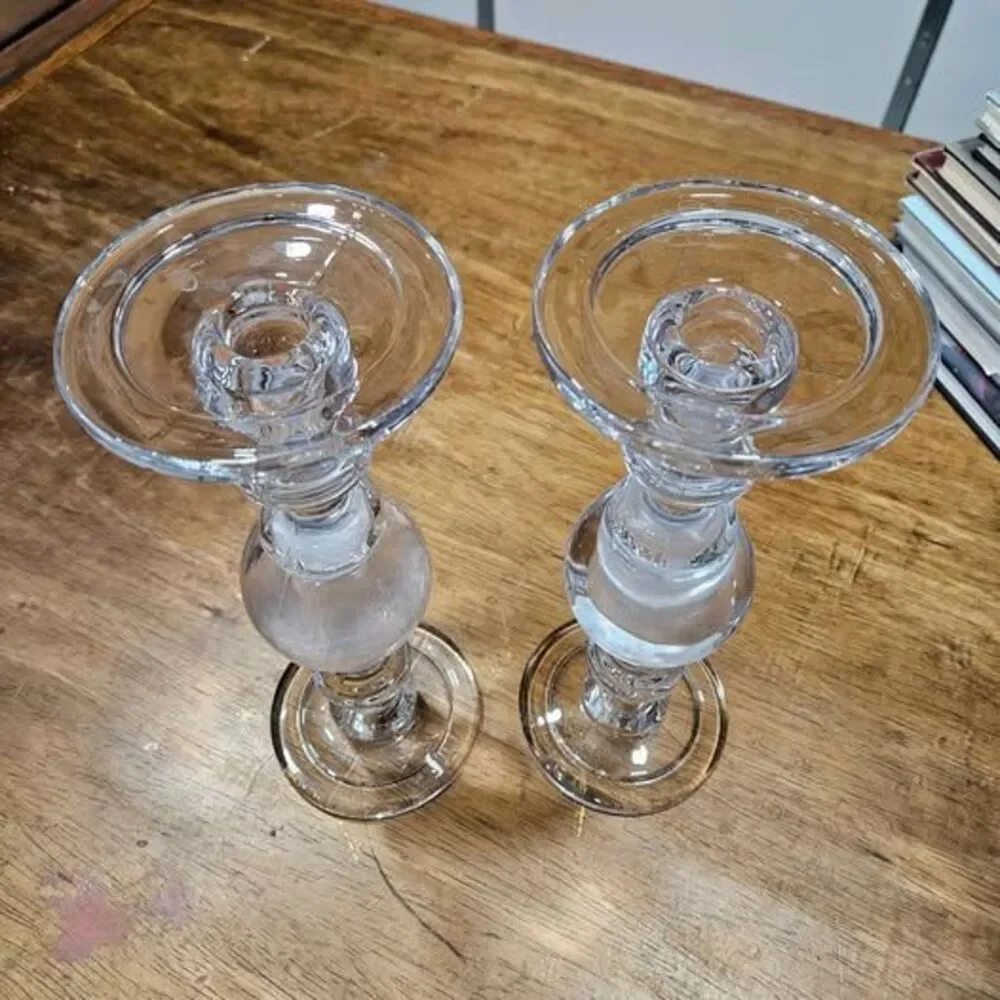 Pair tall clear glass decorative candle holders